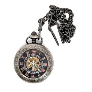 Steampunk Black Metal Pendant Watch on Long Chain Item #1062